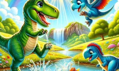 Tilly, a Tyrannosaurus Rex with shiny green scales and a big joyful smile, is jumping in a puddle, splashing sparkling droplets around her with excited, twinkling eyes. Next to her, Benny, a long-necked blue Brontosaurus, leans down to observe colorful fish in the river, his large legs planted in the water, showing a look of wonder. Lila, a bright red Pterodactyl, flies above them, wings spread, laughing and encouraging them to play. The scene takes place in a sunny meadow dotted with vibrant flowers and green grass, with a beautiful rainbow waterfall shimmering in the background. Sun rays illuminate the landscape, creating a magical and joyful atmosphere. Tilly and her friends are having fun together, enjoying their adventurous day in this enchanting place.