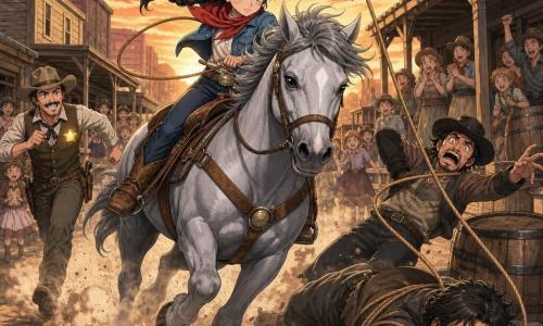 Valentina, niña de 12 años, valiente y concentrada, con sombrero vaquero marrón, trenza negra, pañuelo rojo y chaqueta vaquera, lanza su lazo desde su caballo gris Nube; Nube galopa levantando polvo; un bandido sorprendido cae junto a un barril, otro bandido enfurecido está en el suelo con las piernas atrapadas por el lazo y monedas esparcidas; el sheriff de unos 40 años llega corriendo con la placa brillante y la gente del pueblo (niños y adultos) aplaude desde los porches; calle principal polvorienta de un pequeño pueblo western con fachadas de madera, toneles y un cielo al atardecer en tonos naranja y rosa, ambiente dinámico, heroico y seguro.