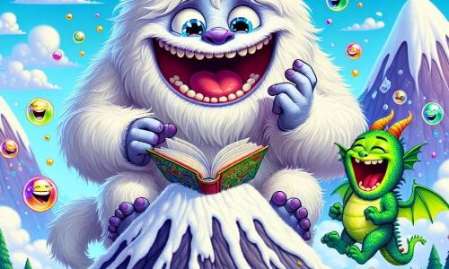 Wesoły i figlarny yeti z białym, puszystym futrem, błyszczącymi oczami i szerokim uśmiechem stoi na szczycie wulkanu, który się śmieje. Opowiada dowcip, rozkładając ramiona, otoczony unoszącymi się wokół niego bańkami śmiechu. Obok niego mały smok o imieniu Bąbel, z zielonymi łuskami i przezroczystymi skrzydłami, wybucha śmiechem, uwalniając kolorowe bańki, które wznoszą się w powietrze. Wulkan jest majestatyczny, z zboczami pokrytymi jaskrawymi kwiatami i błękitnym niebem usianym puszystymi chmurami. Scena emanuje atmosferą radości i przyjaźni, gdy yeti i smok dzielą chwilę czystego szczęścia, otoczeni zachwyconą publicznością, która śmieje się głośno.