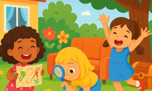 Há 3 personagens: - Mia: uma menina de 5 anos com cabelos cacheados e castanhos, vestindo um vestido rosa com bolinhas brancas. Ela está à esquerda, segurando um mapa do tesouro com um grande sorriso. - Lia: uma menina de 5 anos com cabelos lisos e loiros, vestindo uma camiseta amarela e um short de jeans. Ela está no centro, olhando sob um sofá com uma lupa de brinquedo. - Sofia: uma menina de 5 anos com cabelos castanhos e tranças, vestindo um vestido azul. Ela está à direita, pulando de alegria, com os braços levantados. O local é um jardim ensolarado, cheio de flores coloridas, com uma grande árvore verde de folhagem densa e um gramado bem cuidado. Ao fundo, vê-se uma casa com janelas abertas e cortinas esvoaçando ao vento. A cena principal mostra as três irmãs em plena caça ao tesouro, com expressões de excitação nos rostos, procurando um baú escondido atrás da árvore. Elementos de brincadeira, como brinquedos e decorações coloridas, estão espalhados ao redor delas, criando uma atmosfera alegre e lúdica.
