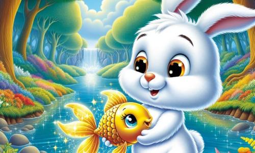 In the center of the image, a small rabbit named Benny, with soft, snow-white fur and bright, curious eyes, stands bravely at the edge of a sparkling stream. His expression is determined, and he holds a precious golden acorn in his paws, symbolizing his adventure. Next to him, Glimmer, a fish with shimmering, luminous scales, joyfully leaps out of the water, his eyes sparkling with hope and gratitude, splashing the air around them. In the background, the magical forest is full of vibrant colors: majestic trees with thick trunks, bright flowers dancing in the breeze, and a light blue sky dotted with fluffy clouds. The scene depicts the key moment when Benny, the fearless rabbit, restored the magical stream by placing the golden acorn in the water, causing a burst of light and the return of life to the forest.