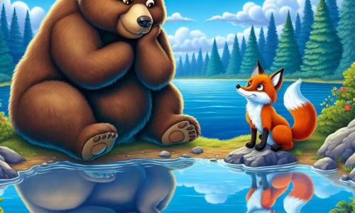 Un grande orso bruno dal pelo morbido e setoso, con occhi brillanti di curiosità e un leggero sorriso sul volto, si trova sulla riva di un lago cristallino. Osserva il suo riflesso nell'acqua, sembrando sia pensieroso che meravigliato da ciò che vede. Vicino a lui, una volpe astuta, con un pelo arancione vivace e occhi maliziosi, osserva l'orso con un sorriso incoraggiante, seduta su una pietra, le zampe incrociate, come se aspettasse di condividere una saggezza. Il lago è circondato da alberi maestosi con foglie verdi brillanti, e il cielo è blu profondo, punteggiato da nuvole bianche e soffici. Fiori colorati bordano la riva, aggiungendo un tocco di magia alla scena. L'orso contempla il suo riflesso nell'acqua, realizzando l'importanza di conoscere se stesso, mentre la volpe lo incoraggia a esplorare i suoi pensieri e le sue emozioni.