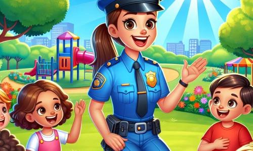 La sargento Clara, una mujer policía sonriente, lleva un uniforme azul brillante bajo el sol. Tiene el cabello castaño recogido en una coleta y ojos llenos de alegría. Clara está de pie en un parque, rodeada de niños, explicando con entusiasmo la importancia de la seguridad. Sara, una niña de 8 años con cabello rizado y ojos curiosos, escucha atentamente sentada en el césped con las piernas cruzadas. A su lado, Tomás, un niño de 7 años con una camiseta roja y una gran sonrisa, levanta la mano para hacer una pregunta, visiblemente emocionado por la conversación. El lugar es un parque colorido, lleno de árboles verdes, flores brillantes y un gran cielo azul. Se ven juegos infantiles al fondo, añadiendo una atmósfera alegre a la escena. Clara les enseña a los niños cómo ser buenos ciudadanos y los anima a preguntar sobre su trabajo como policía, creando un momento de aprendizaje y camaradería.