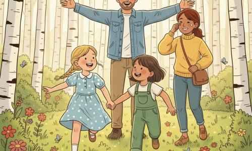 Vier personen in een zonnige berkenopen plek: links op de voorgrond Emma, ~9 jaar, blonde vlecht, blauwe jurk met witte stippen, rent stralend hand in hand met Sophie, ~9 jaar, bruin haar carré, groene tuinbroek, die naar haar lacht; achteraan in het midden staat Emma’s vader, ~40 jaar, korte baard, spijkerjack, armen wijd en opgelucht blij, naast hem iets naar rechts Sophie’s moeder, ~38 jaar, kastanjebruin opgestoken haar, warme gele trui, veegt een gelukstraan en draagt een kleine tas; groene zachte grasmat met felgekleurde bloemen, zonnestralen door de takken, vlinders en een met mos bedekt boomstronkje op de voorgrond, scène van een hartverwarmende hereniging.