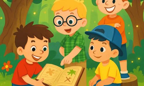 Es gibt vier Kinder: Max, ein 10-jähriger Junge mit zerzausten braunen Haaren und einem schelmischen Lächeln, trägt ein rotes T-Shirt und eine blaue Shorts und hockt mit einem alten Buch in den Händen, seine Augen leuchten vor Aufregung. Leo, ein 9-jähriger Junge mit blonden Haaren und runden Brillen, steht neben Max in einem karierten grünen Hemd und beigen Hosen und zeigt auf eine Karte im Buch. Tim, ein 10-jähriger Junge mit schwarzen Haaren und einer blauen Mütze, sitzt auf einem Baumstumpf in einem gelben T-Shirt und Jeans und beobachtet neugierig die anderen. Ben, ein 9-jähriger Junge mit roten Haaren und Sommersprossen, steht hinter Tim mit verschränkten Armen und einem großen Lächeln in einem orangefarbenen Pullover und schwarzen Shorts. Die Szene spielt in einem wunderschönen, verzauberten Wald mit riesigen, knorrigen Bäumen und leuchtend grünen Blättern. Sonnenstrahlen filtern durch das Blätterdach und erzeugen Lichtmuster auf dem moosbedeckten Boden. Bunte Blumen und schimmernde Glühwürmchen verleihen der Atmosphäre einen magischen Touch. Die Hauptsituation zeigt die vier Freunde, die ein geheimnisvolles altes Buch unter ihrem Lieblingsbaum entdecken, mit Illustrationen von Schätzen und Karten, umgeben von Magie und bereit für ein Abenteuer, um den im Zauberwald versteckten Schatz zu finden.
