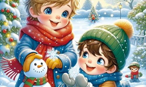 Ein 5-jähriger Junge namens Lukas mit zerzausten blonden Haaren und neugierigen Augen steht in einem verschneiten Garten. Er trägt einen großen roten Schal und einen blauen Mantel und lächelt fröhlich, während er die Arme hebt, um die fallenden Schneeflocken zu fangen. Neben ihm baut sein bester Freund Tim, ebenfalls 5 Jahre alt, mit braunen Haaren und rosigen Wangen einen Schneemann. Tim trägt eine grüne Mütze und gelbe Handschuhe und schaut Lukas mit einem verschwörerischen Lächeln an. Der Ort ist ein Wintergarten, bedeckt mit einer dicken Schicht glitzernden Schnees, mit schneebedeckten Bäumen und einem hellblauen Himmel, der mit weißen Wolken durchzogen ist. Die Hauptsituation zeigt Lukas und Tim, die zusammen spielen, lachen und sich in der Magie des Winters amüsieren, während Schneeflocken um sie herumtanzen und eine fröhliche, märchenhafte Atmosphäre schaffen.