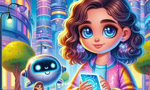 Una niña de 10 años, Emma, con cabello rizado y brillante, lleva una chaqueta solar brillante. Tiene ojos llenos de curiosidad y una sonrisa decidida, sosteniendo una pequeña tableta holográfica en sus manos. A su lado, NUT, un robot redondo y lindo, con ojos luminosos y un cuerpo metálico, emite pitidos flotando ligeramente sobre el suelo. Un poco más lejos, su mejor amiga Luna, también de 10 años, con cabello liso y un vestido colorido, observa las Torres de Energía con una expresión de asombro. El escenario es Circuitovivo, un barrio futurista de Neoluz, con calles empedradas que cambian de color bajo sus pies, árboles artificiales con hojas brillantes y rascacielos cubiertos de jardines verticales. Las Torres de Energía, inmensas y luminosas, emiten un extraño resplandor azul, creando una atmósfera fascinante y inquietante. La situación principal muestra a Emma y Luna, intrigadas y listas para investigar, acercándose a las Torres de Energía, mientras NUT las acompaña, emitiendo sonidos curiosos. La atmósfera está llena de misterio y emoción, con colores vivos y detalles futuristas que cautivan la vista.