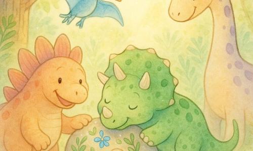Trico, un pequeño tricératops verde moteado de ojos grandes y brillantes con tres cuernos redondeados, apoya suavemente su hocico y un pequeño cuerno sobre una gran roca decorada; a su izquierda Dino, un estegosaurio jovial con placas dorsales rosas y naranjas, sonríe y posa una pata reconfortante cerca; a la derecha Lila, una diplodocus dulce de largo cuello beige con manchas lavanda, se inclina en una curva protectora para observar la roca; Roco, un pteranodón travieso de alas azul cielo, se posa en una rama sobre el grupo mirando la roca como si canturreara. El claro es luminoso en un bosque primitivo de hierbas verdes, helechos y troncos texturados, con un rayo de sol dorado filtrándose entre las hojas. La roca redonda muestra patrones de pequeñas hojas, flores azules y guijarros brillantes dispuestos en círculos; los amigos la escuchan y la tocan juntos, con expresiones dulces y una atmósfera cálida e íntima. Estilo: acuarela pastel con texturas de papel visibles, contornos en gel blanco para reflejos y colores suaves con contrastes delicados.