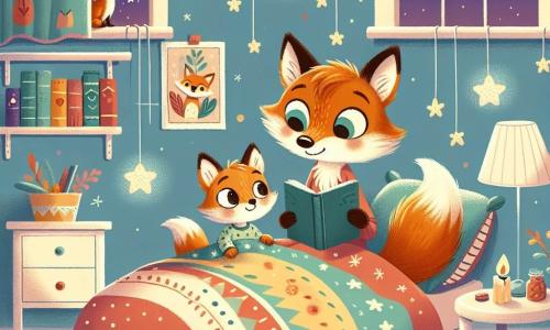 An illustration depicts a young fox with bright, curious eyes, vibrant orange fur, and a bushy tail, lying on its bed surrounded by soft, colorful blankets, displaying a look of wonder and courage as it gazes at a softly glowing star-shaped nightlight beside it. Nearby, its mother, a creamy-furred vixen, stands by with a reassuring smile, her eyes filled with love and tenderness. She reads a story from a colorful book, creating a warm and safe atmosphere. The main setting is a cozy bedroom with pastel blue walls, shelves filled with storybooks, and twinkling stars stuck to the ceiling. A gentle light emanates from the nightlight, casting friendly shadows on the walls. The central scene shows the young fox discovering the power of stories to overcome its fear of the dark, surrounded by its mother's affection in a moment of tenderness and comfort. Additional graphic elements include scattered toys on the floor, a fluffy rug, colorful cushions, and a window revealing a starry sky, symbolizing the dreams and adventures that await.