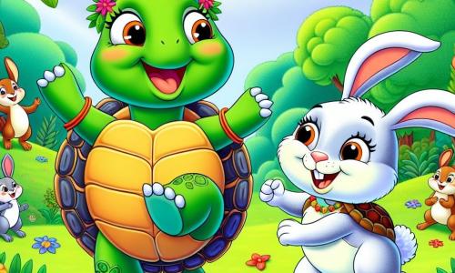 Una tartaruga di nome Tilly, con un guscio colorato e occhi scintillanti di curiosità, balla gioiosamente in mezzo a un campo verde, con un grande sorriso sul volto. Accanto a lei, un coniglio di nome Roger, un giovane coniglio dalle grandi orecchie e pelliccia bianca, salta con entusiasmo, ridendo e incoraggiando Tilly a continuare a ballare. Sullo sfondo, la foresta incantata è piena di alberi con foglie brillanti e fiori multicolori, mentre animali come scoiattoli e uccelli li osservano divertiti. La scena rappresenta una festa gioiosa in cui tutti gli animali si riuniscono per celebrare, con ghirlande di fiori e frutti disposti su grandi foglie, creando un'atmosfera festosa e amichevole.