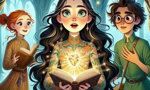 Al centro dell'immagine, Livia, una giovane strega di dodici anni, sorride con meraviglia. Ha lunghi capelli neri, occhi brillanti come stelle e indossa un vestito colorato con motivi magici. Nelle sue mani tiene una Gemma di Luce scintillante che emette una luce calda. A destra, Clara, una ragazza dai capelli rossi e occhi vivaci, la osserva con ammirazione, indossando una tunica verde e tenendo un libro antico aperto. A sinistra, Leo, un ragazzo con occhiali spessi e capelli castani disordinati, guarda la gemma con curiosità, sorridendo e impugnando un bastone magico. La scena è ambientata in una foresta incantata, con alberi maestosi e fiori luminosi che danzano attorno a loro. In lontananza si vede una vecchia torre di pietra, simbolo di magia. Livia, Clara e Leo sono insieme, stupiti dalla Gemma di Luce, che simboleggia la loro amicizia e il coraggio di affrontare l'avventura che li attende.