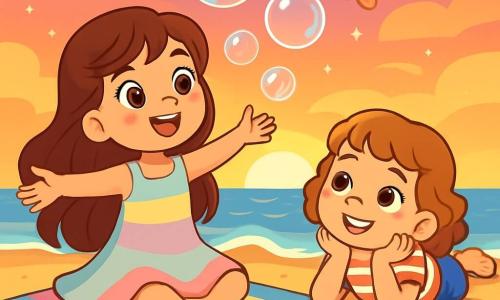 Hay 2 personajes principales: Lía, una niña de 8 años con largos cabellos castaños ondulados y ojos brillantes, vestida con un vestido ligero de colores pastel, sentada sobre una gran toalla de playa con los brazos abiertos como si quisiera atrapar el viento; y Sofía, también de 8 años, con cabello corto y rizado de color castaño claro, vestida con una camiseta a rayas y un short de mezclilla, acostada sobre su vientre con el mentón apoyado en las manos, mirando a Lía con una sonrisa alegre. El escenario es una playa tranquila al atardecer, con suaves olas acariciando la arena dorada y un cielo lleno de tonos naranjas, rosas y violetas. Lía y Sofía están soplando burbujas de jabón imaginarias, sus rostros radiantes y relajados, mientras burbujas brillantes flotan a su alrededor y una mariposa colorida revolotea alegremente sobre sus cabezas.