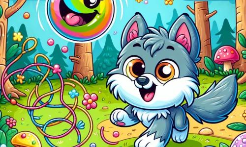 Un pequeño lobo llamado Lupi, con pelaje gris y ojos llenos de curiosidad, corre alegremente por un bosque encantado, con las orejas levantadas y la cola moviéndose de emoción. A su lado, una burbuja colorida, con una cara sonriente y brazos en forma de hilo, flota felizmente en el aire, riendo a carcajadas. El escenario es un bosque mágico, lleno de árboles con troncos torcidos, flores brillantes y hongos multicolores, bajo un cielo azul salpicado de nubes en forma de caramelos. Lupi intenta atrapar las burbujas que escapan de la mochila mágica, mientras la burbuja sonriente lo anima bailando a su alrededor, creando una atmósfera de alegría y ligereza.