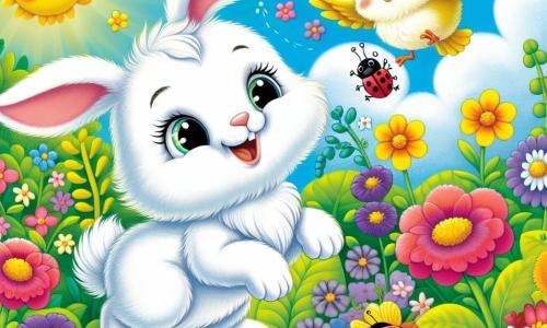 Un pequeño conejo blanco llamado Lulú, con un pelaje suave y ojos brillantes, salta alegremente en un jardín colorido, rodeado de flores brillantes de todos los colores. A su lado, un pequeño pájaro amarillo llamado Pipo, con plumas vivas y ojos chispeantes, vuela alrededor de las flores cantando. Más abajo, una mariquita roja con puntos negros se encuentra en una hoja verde, observando con curiosidad. El jardín es un verdadero cuadro de primavera, lleno de flores multicolores y un cielo azul claro. Lulú, Pipo y la mariquita están en una aventura, buscando tesoros primaverales, riendo y divirtiéndose juntos, mientras el sol brilla suavemente sobre ellos.