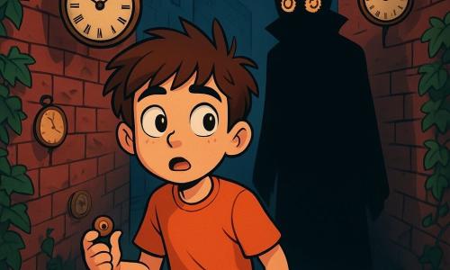 Um garoto de 10 anos, Tomás, com cabelos castanhos bagunçados e olhos brilhantes de curiosidade, está no meio de um beco estreito e escuro. Seu rosto expressa maravilha misturada com apreensão, com as sobrancelhas levemente franzidas e a boca entreaberta, como se estivesse prestes a sussurrar um segredo. Perto dele, um misterioso Guardador de Relógios, uma silhueta etérea com um longo manto negro e um rosto borrado, observa Tomás com olhos em forma de engrenagens douradas, flutuando no ar como uma sombra protetora. O beco é cercado por paredes de tijolos vermelhos cobertas de hera e iluminado por uma fraca luz da lua que cria sombras dançantes. Relógios antigos, pendurados nas paredes, emitem um leve tique-taque, adicionando uma atmosfera intrigante e ligeiramente inquietante à cena. Tomás está explorando o beco, segurando um pequeno botão de madeira na mão, enquanto uma leve neblina se eleva do chão, envolvendo seus pés, como se o beco respirasse ao seu redor.