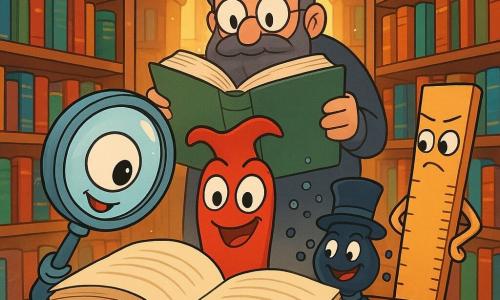 En una biblioteca mágica, un marcapáginas de tela roja llamado Pepe, con una sonrisa traviesa y ojos brillantes de curiosidad, se esconde entre las páginas de un gran libro. Está a punto de salir de una página, listo para hacer un ruido silencioso y divertido. A su lado, Lola la lupa, una lupa gigante con una cara sonriente y ojos redondos, observa atentamente, su ojo agrandado brillando de emoción. Tito el tintero, un pequeño frasco de tinta con un sombrero gracioso, ríe suavemente, sus gotas de tinta revoloteando a su alrededor. Rita la regla, recta y orgullosa, se mantiene al margen, con los brazos cruzados, con una expresión concentrada, lista para dirigir la orquesta de sus ruidos. La biblioteca está llena de libros coloridos con cubiertas brillantes, estanterías de madera tallada y rayos de luz dorada filtrándose por las ventanas. En el centro, una gran mesa de madera está cubierta de hojas y lápices, creando un ambiente de creatividad y misterio. La escena principal muestra a los amigos preparándose para un número hilarante, cada uno intentando producir el ruido más divertido y silencioso posible, mientras evitan despertar al Bibliotecario Bigotudo, que se esconde detrás de un libro gigante, con una expresión curiosa.
