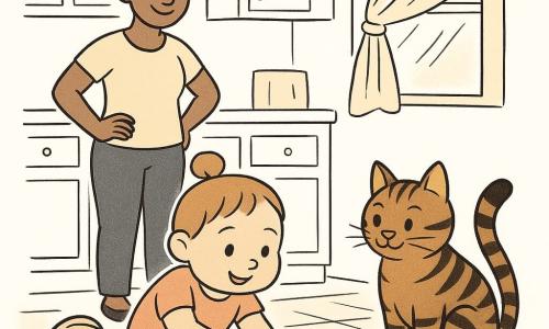 A 2-year-old girl with a round face and chubby cheeks, big curious eyes, smiling and focused, kneels and follows a trail of crumbs with a finger pointing to the floor; nearby sits Whiskers, a mischievous tabby with a plume tail and a crumb on his paw by an open window; a mother in her early 30s with her hair in a bun watches smiling from the countertop with a hand on her hip; the bright, warm kitchen has a tiled floor and a tipped ceramic cookie jar spilling crumbs, and the simple, readable scene shows the little investigator following the crumb trail from the jar to the cat with an amazed expression.