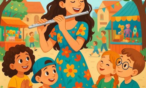 Elara, a young woman with long wavy hair, plays her silver flute, her face radiant with joy and passion. She wears a light dress in bright colors, adorned with flowers, that dances to the rhythm of the music. Next to her, a group of four children, two girls and two boys, aged around 8 to 10 years, listen in awe. The first girl, with curly hair and sparkling eyes, claps along. The second boy, wearing a backward cap, smiles while trying to mimic the notes on a small drum. The third girl, with colorful braids, sways gently, while the last boy, in round glasses, looks at Elara with admiration. The scene takes place in a lively square in Harmony Hill village, surrounded by colorful stalls selling treats and toys, with flower garlands hanging from the trees. Children play around, and adults applaud, creating a festive and joyful atmosphere. Elara plays an enchanting melody, captivating everyone's attention, while the children dance and have fun, creating a magical moment of sharing and happiness.