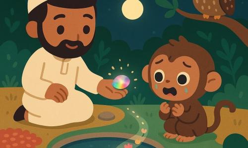An adult man named Farid with a soft face, short beard, bright eyes and a shy smile sits calm and kind, holding a sparkling multicolored pebble out to a small playful monkey-boy with round eyes and wet brown fur who cries softly near a moonlike round basin and looks at the pebble with surprise and joy; a small round owl with star-dotted feathers perches on a low branch to the right watching wisely; the night garden features smooth stones, mats of red and blue flowers, deep green foliage and a mirror basin reflecting the moon; Farid offers a glowing pebble and a silver path of light appears in the grass, making multicolored flower buds bloom; palette of sand-gold, midnight blues, emerald greens and coral-pink accents, with soft lighting, round shadows, smooth textures and rounded shapes in a minimal kawaii graphic style with thick lines, exaggerated expressions, simple compositions and ample empty space.
