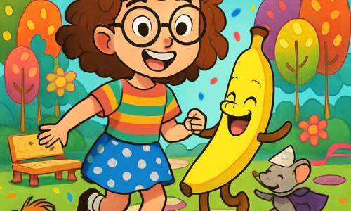 A 10-year-old girl, Matilda, with curly hair and round glasses, smiles with sparkling eyes of curiosity. She wears a multicolored striped t-shirt and a polka-dot skirt, while holding a talking banana, Sir Barkalot, who has a joyful and mischievous expression. Next to her, a small mouse with a paper hat and a sock cape dances on a makeshift stage, while a group of candy-shaped trees stands in the background. The setting is a magical park, with tall colorful trees, giant flowers, and marshmallow-shaped clouds floating in a bright blue sky. Cookie-shaped benches and candy pathways wind through the park. The main scene shows Matilda and Sir Barkalot Banana dancing joyfully among a group of animals and children, all laughing and having fun in a festive and whimsical atmosphere, with colorful confetti falling from the sky.