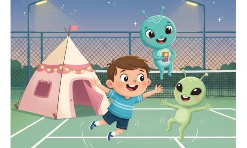 A 6-year-old boy with short brown hair, a round freckled face and a delighted smile floats slightly above the ground in a jumping pose with arms outstretched; to his right a small light-green alien with almond black eyes and short antennae laughs and reaches for him, and behind him near a tent a slightly larger turquoise-blue alien with silver markings and a curious smile holds a small glowing gadget; a pastel pink-and-white space tent with twinkling string lights and a partly open door sits at the corner of a transformed tennis court—soft green surface, crisp white lines and a chain-link fence—under a starry twilight sky with soft lamp posts; the scene shows joyful low-gravity play as the three figures gently bounce with laughter and tiny trails of light following their movements.