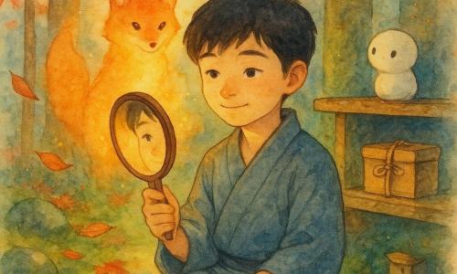 Haru sits on a small wooden stool, gentle-faced with moist, understanding eyes and a faint smile, wearing a simple gray-blue cotton kimono and holding a small polished round wooden mirror to the light; a translucent fox spirit with lantern-orange fur appears between cedar trunks like a luminous brushstroke, a tiny round pale household kami perches on a shelf beside an open wooden box looking curiously at him, and the autumn Japanese garden—deep green moss, red-orange maple leaves spiraling down, a weathered wooden shelf and dew-wet stones—frames the scene as Haru opens the box to find the mirror reflecting his calm face while leaves fall and evening light creates golden reflections on the mirror.