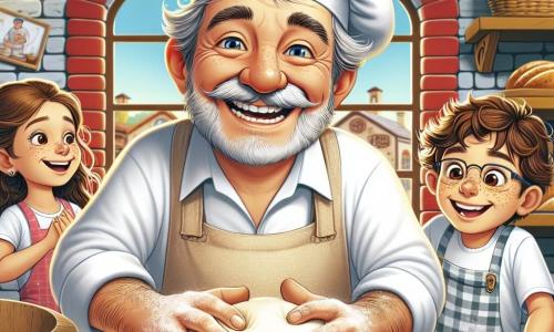 Um homem jovial, Seu Manuel, com um largo sorriso e olhos brilhantes, usa um avental de tecido branco e um chapéu de padeiro. Seus cabelos são levemente grisalhos e ele está amassando uma grande bola de massa, com as mãos enfarinhadas e uma expressão de felicidade no rosto. Ao seu lado, uma menina de 8 anos, Maria, com cabelos castanhos e encaracolados, observa atentamente, com os olhos brilhando de excitação, segurando um pequeno rolo de massa. Um garoto de 7 anos, Lucas, com óculos e sardas, tenta moldar uma massa em forma de gato, rindo de seus próprios esforços. A cena acontece na charmosa padaria 