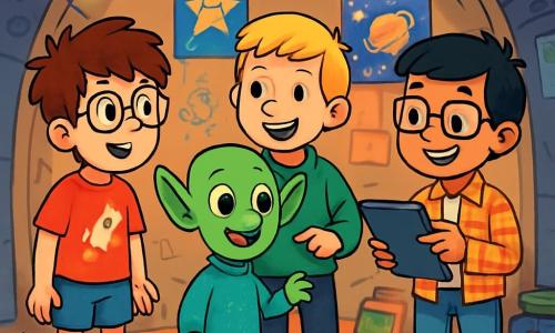 Er zijn 4 personages: - Tim: een 10-jarig jongen met rommelig bruin haar en ronde brillen. Hij draagt een rode t-shirt met een raketlogo en een blauwe short. Hij staat links en kijkt verwonderd naar de alien. - Sam: een 10-jarig jongen met blond haar en sproeten. Hij draagt een groene sweatshirt en een zwarte broek. Hij staat in het midden, glimlacht en wijst naar de alien. - Raf: een 10-jarig jongen met zwart haar en vierkante brillen. Hij draagt een geruit overhemd en een spijkerbroek. Hij staat rechts, houdt een tablet vast en maakt aantekeningen over de alien. - Zog: een kleine groene alien met grote oren en ronde nieuwsgierige ogen. Hij draagt een glanzende tuniek en staat tussen de jongens, verlegen glimlachend. De plek is een oude ruimteschipcapsule, omgevormd tot een geheime club. De muren zijn bedekt met kleurrijke tekeningen en sterrenposters. Flonkerende lichten verlichten het interieur en creëren een magische sfeer. Ruimtelijke speelgoed en boeken over sterrenstelsels liggen verspreid om hen heen. De hoofdscène toont de jongens die Zog, de alien, in hun club verwelkomen. Ze lachen en praten, omringd door speelgoed en boeken, terwijl Zog, nieuwsgierig, de mensen met een grote glimlach observeert.