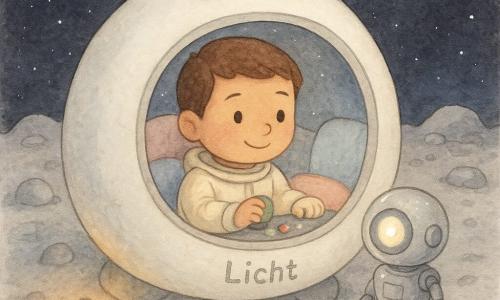Ein lächelnder, ruhiger junger Mann mit kurzen braunen Haaren in einem cremefarbenen weichen Raumanzug sitzt in einem kleinen runden Cockpit, hält einen grünen Knopf und blickt durch das Bullauge; rechts neben dem Piloten steht ein silberner, rollender Spielzeuggroßer Roboter mit einem leuchtenden runden Auge beim Armaturenbrett; das runde weiße Raumschiff namens Licht zeigt drei grüne Blinklichter und ein innen weiches, pastellfarbenes Polster; außen ist die graue, staubige Mondoberfläche mit großen abgerundeten Felsen und einem schwarzen, sternenübersäten Himmel zu sehen; Hauptereignis: sanfte Landung — das Schiff ruht, eine warme Lampe steht auf dem Mondboden neben einem Astronautenfußabdruck, ruhige, beruhigende Stimmung.