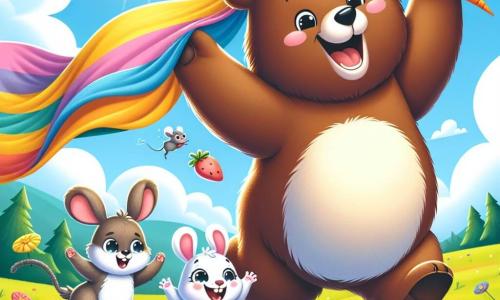 Ein großer Braunbär mit weichem Fell und funkelnden Augen steht inmitten einer schönen sonnigen Wiese und lacht, während er eine große bunte Decke hält. Neben ihm springt ein kleiner weißer Hase mit großen Ohren und einem schelmischen Lächeln vor Freude und hält eine Karotte in seinen Vorderpfoten, während eine kleine graue Maus mit glänzenden, neugierigen Augen sich ihnen nähert und eine saftige Erdbeere hält, beide zeigen einen Ausdruck der Aufregung. Die Szene spielt sich in einer grünen Wiese mit bunten Blumen unter einem hellblauen Himmel mit einigen fluffigen Wolken ab, wo das Gras sanft im leichten Wind tanzt. Die drei Freunde erleben einen lustigen Moment, während sie versuchen, eine durch den Wind davonfliegende Decke einzufangen, lachen und zusammen in einem fröhlichen Durcheinander rennen.