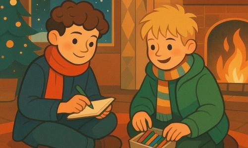 Es gibt zwei Hauptfiguren: Finn, ein 10-jähriger Junge mit braunen, lockigen Haaren, trägt einen roten Schal und einen blauen Mantel und hält ein kleines Notizbuch in seinen Händen. Er sitzt auf einem weichen Teppich im Wohnzimmer. Ben, ein 9-jähriger Junge mit zerzausten blonden Haaren, trägt eine dicke grüne Jacke und einen gestreiften Schal, hockt neben Finn und hält eine Schachtel mit Buntstiften. Der Ort ist ein gemütliches und einladendes Wohnzimmer mit einem großen Fenster, durch das man den Schnee sanft fallen sehen kann. Weihnachtslichter funkeln um das Fenster, und ein Kamin knistert leise in einer Ecke des Raumes und wirft ein goldenes Leuchten. Die Hauptszene zeigt Finn und Ben, die freundliche Worte auf kleine bunte Karten schreiben. Sie sind von Papier und Stiften umgeben, konzentriert und lächelnd, während das sanfte Licht des Raumes eine Atmosphäre von Ruhe und Freude schafft.