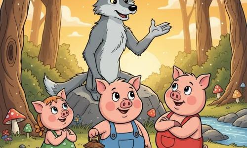 Uno de los tres cerditos (protagonista) es un cerdito chico de rostro redondo, mejillas rosadas y ojos grandes y brillantes, sonriente, con un mono azul y una pequeña linterna de madera en primer plano; a su izquierda está una cerdita más pequeña con vestido verde de lunares y mirada admirativa, y a la derecha un cerdito fornido con mono rojo y brazos cruzados pero con leve sonrisa; el Lobo Sabio es un gran lobo gris de pelaje suave y ojos benevolentes, en calma sobre una roca central levantando una pata mientras habla; todo en una clara en un bosque encantado con troncos retorcidos, hongos coloridos, flores brillantes y un arroyo a la derecha, luz dorada del atardecer, paleta cálida y pastel, contornos negros nítidos y texturas simples estilo dibujo animado de los años 90, escena de reconciliación sin personajes humanos.