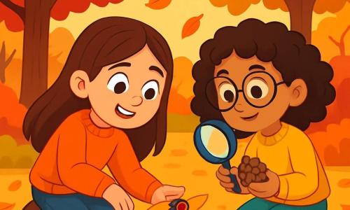 Una niña de 10 años, llamada Sofía, con largos cabellos castaños y ojos brillantes de curiosidad, está agachada en un parque de otoño. Lleva un suéter naranja brillante y pantalones de mezclilla, sonriendo con asombro al observar una mariquita roja sobre una hoja dorada. A su lado, su mejor amiga Lucía, también de 10 años, con cabello rizado y gafas redondas, sostiene una pequeña lupa y mira atentamente una piña que encontró. El parque está lleno de árboles majestuosos con hojas brillantes en tonos rojos, naranjas y amarillos, y el suelo está cubierto de un tapiz de hojas crujientes. Sofía y Lucía exploran alegremente la naturaleza, descubriendo los tesoros del otoño, rodeadas del aire fresco y el suave sonido de las hojas que caen.