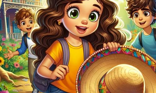 Una niña de 12 años, Lucía, con largos cabellos castaños y ojos llenos de curiosidad, se encuentra en el centro de la imagen, con una sonrisa decidida. Lleva una camiseta amarilla brillante y un pantalón corto de mezclilla, sosteniendo un viejo sombrero en sus manos, visiblemente emocionada por su descubrimiento. A su lado, su amigo Miguel, un niño de 12 años con cabello castaño y gafas redondas, mira el sombrero con asombro, mientras que Ana, una niña de 11 años con cabello rizado y una camiseta azul, señala un mapa que han encontrado, con ojos brillantes de entusiasmo. El fondo es un parque verde, lleno de árboles majestuosos y flores coloridas, con un viejo edificio de madera, la antigua tienda de antigüedades, al fondo. En el suelo, hojas secas y ramas crean una atmósfera misteriosa, mientras un rayo de sol atraviesa las hojas, iluminando la escena. La situación principal muestra a Lucía y sus amigos en plena investigación, descubriendo el sombrero antiguo, símbolo de un misterio por resolver, con expresiones de determinación y emoción en sus rostros.