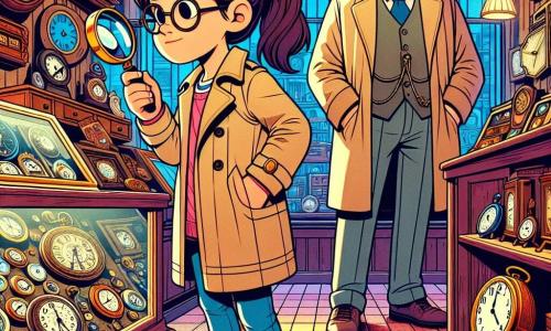 Una joven detective, Clara, es una niña de aproximadamente 10 años, con cabello castaño en una coleta y gafas redondas. Lleva un gabán beige y sostiene una lupa en su mano derecha, mostrando una expresión decidida y curiosa. A su lado está el Sr. Fernando, un hombre de unos 70 años, con cabello gris y un bigote, vestido con un delantal de tienda. Él mira a Clara con una mezcla de preocupación y esperanza, mientras se encuentra cerca del escaparate de su tienda de relojes. El lugar es una pequeña tienda de relojes, llena de relojes antiguos y esferas brillantes, con paredes de madera oscura y estanterías repletas de tesoros relojeros. La situación principal muestra a Clara examinando huellas en el suelo polvoriento, mientras el Sr. Fernando le explica la desaparición de su valioso despertador.