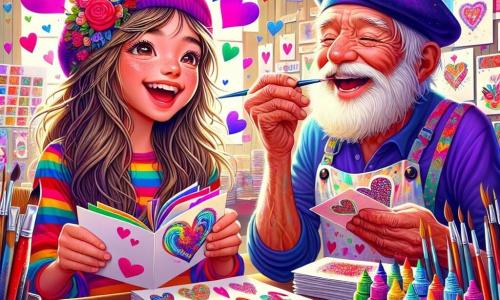Una niña de 12 años, Lucía, con largos cabellos castaños y ojos brillantes de alegría, se encuentra en el centro de la imagen, sosteniendo una caja llena de tarjetas de colores. Su radiante sonrisa y mejillas ligeramente sonrojadas reflejan su emoción y determinación. A su lado, un hombre mayor, Don Pascual, con barba blanca y una boina colorida, pinta pequeños corazones en una tarjeta, riendo alegremente. Está ligeramente inclinado, concentrado en su trabajo, y lleva una bata manchada de pintura. Al fondo, un laboratorio creativo rebosa de colores vivos, con tubos de pintura, pinceles y papeles de todo tipo, creando una atmósfera alegre e inspiradora. La escena representa a Lucía preparando tarjetas de San Valentín para sus amigos, rodeada de un torbellino de creatividad y felicidad, ilustrando el espíritu de la amistad y la celebración.