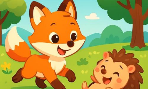 A small bright orange fox named Felix, with shiny fur and sparkling eyes, joyfully smiles while playing in a green field. He runs enthusiastically, his fluffy tail wagging behind him. Next to him is a small brown hedgehog named Hazel, with soft spines and a shy face, watching in wonder, her eyes shining with happiness. She gently rolls on the ground, laughing joyfully. The setting is a vast sunny field dotted with colorful flowers and majestic trees in the background, under a bright blue sky. In the distance, soft hills and fluffy white clouds can be seen. The main scene shows Felix and Hazel playing together, illustrating friendship and tolerance, with bursts of laughter and radiant smiles, celebrating their differences in an enchanting setting.