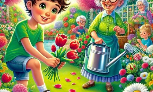 Un ragazzo di 10 anni, di nome Luca, si trova al centro di un giardino colorato, con un grande sorriso sul volto. Ha capelli castani disordinati, occhi curiosi e indossa una maglietta verde brillante e pantaloni di jeans. Sta creando una corona di fiori con tulipani e margherite, circondato da petali sparsi. Accanto a lui c'è la gentile vicina, la signora Rosa, una donna di circa 60 anni, con capelli argentati raccolti e occhiali rotondi. Annaffia i fiori con un annaffiatoio di metallo lucido, sorridente e piena di vita, mentre spiega a Luca l'importanza delle tradizioni primaverili. Il giardino è un vero e proprio quadro di colori vivaci, con tulipani rossi, rose rosa e margherite bianche che danzano al vento. Gli alberi in fiore aggiungono un tocco di magia, mentre il sole splende nel cielo blu. La scena principale mostra Luca e la signora Rosa mentre preparano una festa di primavera, circondati da fiori brillanti e risate, illustrando la gioia di celebrare la natura e l'amicizia.