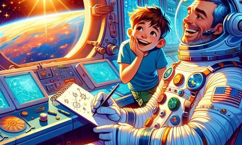 Mężczyzna astronauta, około 40-letni, w błyszczącym hełmie i białym skafandrze ozdobionym kolorowymi łatami, radośnie unosi się w kabinie stacji kosmicznej. Jego twarz wyraża zdumienie i ciekawość, a oczy błyszczą radością, gdy patrzy na ekran kontrolny wypełniony fascynującymi danymi. Obok niego młody chłopiec, 10-letni, z rozczochranymi brązowymi włosami i promiennym uśmiechem, z fascynacją obserwuje. Ma na sobie niebieską koszulkę i spodnie cargo, trzyma mały szkicownik, w którym rysuje gwiazdy i planety. Scena rozgrywa się wewnątrz stacji kosmicznej, gdzie ściany pokryte są panelami technologicznymi i oknami oferującymi spektakularny widok na błękitną Ziemię poniżej, oświetloną słońcem. Wokół nich unoszą się instrumenty naukowe, tworząc atmosferę odkrycia i przygody. Główna sytuacja pokazuje astronautę dzielącego się pasjonującymi historiami o eksploracji kosmosu z młodym chłopcem, który słucha uważnie, z szeroko otwartymi oczami, marząc o zostaniu astronautą pewnego dnia.