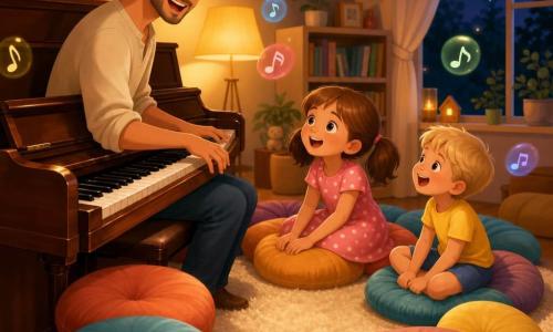 Un cantante-musicista sorridente e gentile, capelli castani spettinati e barba leggera, suona e canta al pianoforte verticale in legno lucido; di fronte a lui, Giulia (circa 8 anni) in vestito rosa a pois con codine, seduta al centro di una grande corona di cuscini colorati, e Tommaso (circa 5 anni) in maglietta gialla e short blu, seduto su un cuscino accanto a lei che ride e guarda i tasti; salotto accogliente di sera con luce calda da abat-jour, tappeto crema, scaffali con libri e una finestra sulla luna; atmosfera di piccolo concerto familiare, magica e dolce, note visibili come piccole bolle colorate che fluttuano; palette calda (ocra, corallo, rosa pallido) con accenti blu notte e tocchi dorati, texture morbide e forme arrotondate, composizione centrata su pianoforte e corona di cuscini con leggera prospettiva dall'alto.