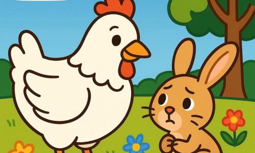 Una gallina di nome Bianca, con piume bianche brillanti e uno sguardo dolce e determinato, si trova al centro dell'immagine, sorridente e pronta ad aiutare. Accanto a lei, un coniglietto dalle grandi orecchie e dal pelo marrone chiaro, con un'aria preoccupata ma riconoscente, guarda Bianca con ammirazione. Sullo sfondo, un campo verde si estende sotto un cielo blu chiaro, punteggiato di nuvole bianche e soffici, con fiori colorati che danzano al vento. La scena mostra Bianca che tende il collo verso il coniglietto, pronta ad aiutarlo a ritrovare la sua mamma, mentre alberi maestosi fiancheggiano il campo, creando un'atmosfera calda e accogliente.