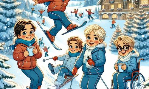 In einer zauberhaften Winterlandschaft stehen vier Freunde zusammen auf einem verschneiten Hang. Max, ein 10-jähriger Junge mit zerzausten braunen Haaren und strahlendem Lächeln, macht einen Sprung auf seinen Skiern, die Arme in die Luft gestreckt. Neben ihm lacht Felix, ein 9-jähriger Junge mit blonden Haaren und funkelnden Augen, während er schnell auf seinen Skiern gleitet, bereit, ihn zu treffen. Jonas, ein 10-jähriger Junge mit Brille und kastanienbraunen Haaren, beobachtet sie bewundernd, etwas im Hintergrund, mit einer Tasse heißer Schokolade in der Hand. Schließlich lächelt Leo, ein 8-jähriger Junge im Rollstuhl, fröhlich in einem roten Overall und applaudiert seinen Freunden. Die Kulisse ist bezaubernd: majestätische Tannenbäume, bedeckt mit funkelndem Schnee, ein klarblauer Himmel mit einigen bauschigen Wolken und sanft fallenden Schneeflocken um sie herum. In der Ferne sieht man eine kleine Holzhütte, geschmückt mit Lichtern, wo die Kinder sich nach dem Spielen aufwärmen können. Die Szene zeigt den fröhlichen Moment, in dem die Freunde gemeinsam auf den Skipisten Spaß haben, die Freundschaft und den Geist des Winters feiernd, erfüllt von Lachen und Abenteuern.