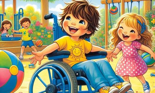 A 4-year-old boy named Leo is sitting in his bright blue wheelchair, with a big smile on his face. He has messy brown hair and is wearing a yellow t-shirt with a sun drawn on it. Leo is rolling a large colorful ball towards his friends, full of excitement and joy. Next to him is Mia, a 5-year-old girl with long blonde hair, wearing a pink polka dot dress. She laughs as she waits for the ball to come back to her, arms open, ready to play. A little further away, Max, a 4-year-old boy with curly hair and a green t-shirt, is about to catch the ball, his eyes sparkling with enthusiasm. The scene takes place in the sunny garden of the Sunshine Club, filled with colorful flowers and large trees. Wooden games and benches are scattered around, creating a joyful and welcoming atmosphere. Leo, Mia, and Max are playing together, laughing and having fun throwing the ball, showing that friendship and play have no limits, regardless of differences.
