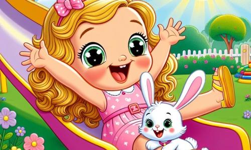 A 3-year-old girl with bright, large eyes and golden curls expresses radiant joy as she slides down a colorful slide. She wears a pink dress with white polka dots and yellow sandals, her arms raised in a victory sign. Next to her, a small stuffed rabbit named Benny, with white fur and long, soft ears, jumps for joy on the green grass, encouraging Lily with a big smile. The setting is a sunny park filled with colorful flowers, tall trees with lush green leaves, and a blue sky dotted with fluffy clouds. The main scene shows Lily, full of confidence, enthusiastically sliding down the slide while Benny cheers her on, illustrating the theme of self-confidence and friendship.