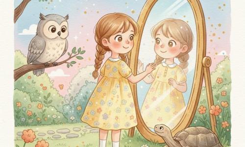 A 6-year-old girl with large bright eyes smiles softly, light brown hair in two braids and a yellow dress dotted with small flowers, standing before a large gilded antique mirror set in the grass and reaching toward her reflection; an old owl with soft gray-and-cream feathers perches on a low branch to the left watching with tilted head and round eyes, and an aged turtle with a wrinkled shell rests by a stone to the right with a foreleg on a clover leaf. The secret garden at twilight has green grass sprinkled with daisies, pastel flower beds and a small stone path; the mirror reflects a pink-blue sky, gentle light falls on the girl's face as she understands something, and soft watercolor blurs and light splashes around the mirror suggest magic.