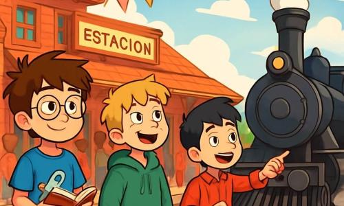 Hay 3 personajes: - Mateo: un niño de 11 años, con cabello castaño despeinado y gafas redondas. Lleva una camiseta azul con un dibujo de cohete y un pantalón corto de mezclilla. Está de pie a la izquierda, sosteniendo un pequeño libro en sus manos. - Iker: un niño de 11 años, con cabello rubio y pecas en la nariz. Lleva una sudadera verde y un pantalón negro. Está en el centro, mirando al cielo con una sonrisa maravillada. - Rafi: un niño de 11 años, con cabello negro y ojos brillantes. Lleva una camisa de cuadros rojos y unos jeans. Está a la derecha, señalando un viejo tren que llega a la estación. La escena se desarrolla en una estación de tren animada, con edificios de ladrillo rojo y letreros de madera. Banderas coloridas ondean al viento y la gente se agolpa en el andén. Un tren de vapor, con humo blanco saliendo de su chimenea, se acerca lentamente, creando una atmósfera festiva y emocionante. La situación principal muestra a los tres amigos, maravillados, listos para abordar el tren que los llevará en una aventura a través del tiempo. Se intercambian miradas cómplices, ansiosos por descubrir lo que el futuro les depara.