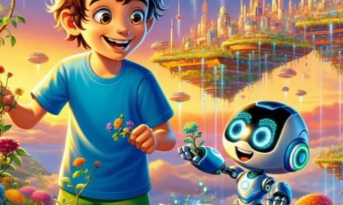 Um menino de 10 anos, chamado Luca, com cabelos castanhos bagunçados e olhos brilhantes de curiosidade, está em pé em uma plataforma de jardim flutuante. Ele usa uma camiseta azul vibrante e um short verde, exibindo um grande sorriso maravilhado. Ao seu lado, um robô chamado Zig, com uma aparência metálica brilhante e luzes piscantes em seu corpo, parece alegre e grato, com seus olhos luminosos brilhando de entusiasmo. O jardim flutuante está cheio de plantas coloridas com flores vibrantes, flutuando suavemente no ar, cercado por edifícios futuristas com fachadas cintilantes e veículos voadores deslizando pelo céu azul. A cena é banhada por uma luz dourada do sol poente, criando uma atmosfera mágica e acolhedora. Luca e Zig trabalham juntos para ajustar um sistema de jardinagem, Luca segurando uma pequena ferramenta enquanto Zig usa seus braços mecânicos para consertar um sensor. Eles estão concentrados e felizes, compartilhando um momento de amizade e descoberta nesta cidade futurista.