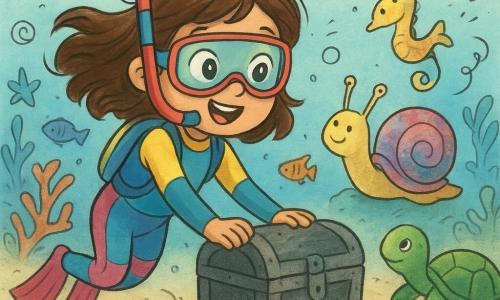 Una niña de 6 años, Lucía, con el cabello castaño flotando a su alrededor, lleva un traje de buceo colorido. Tiene una mirada maravillada y una gran sonrisa mientras flota bajo el agua. A su lado, un pequeño caracol brillante llamado Caracolito, con una concha irisada, parece hablarle. Un poco más lejos, una tortuga verde llamada Tula nada lentamente, con sus ojos benevolentes fijos en Lucía. Un caballito de mar amarillo, Rayito, gira alegremente a su alrededor. El lugar es un mundo submarino luminoso, con corales multicolores y peces de escamas brillantes. La situación principal muestra a Lucía y sus amigos submarinos empujando un pequeño cofrecito de hierro cubierto de arena, liberando así el paso para el agua clara y viva.