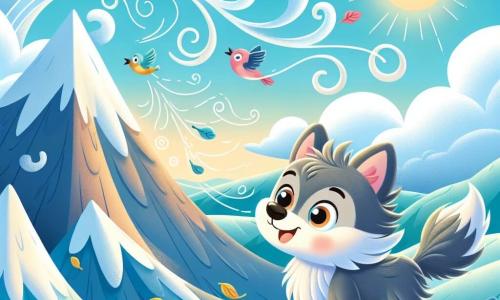 Un pequeño lobo llamado Lupo, con un suave pelaje gris y ojos brillantes de curiosidad, se encuentra en la cima de una montaña, el viento azotando su rostro alegre. Mira con determinación hacia la brisa ligera que danza a su alrededor, con las orejas erguidas y la cola moviéndose de emoción. A su lado, una brisa animada, representada por líneas ondulantes y hojas que giran, parece jugar con Lupo, ofreciéndole las canciones perdidas de los pájaros. El paisaje es majestuoso, con montañas de cumbres nevadas, un cielo azul brillante salpicado de nubes blancas esponjosas, y un sol radiante iluminando la escena. Lupo, lleno de valor, le pide a la brisa que le devuelva las canciones de los pájaros, creando una atmósfera de aventura y magia en este mundo encantador.