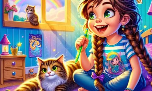 An 8-year-old girl, Mila, with long braided brown hair, sparkling curious eyes, and a big joyful smile, is sitting on her bed. She holds a bright green pen and looks at an open notebook, full of enthusiasm and imagination. Next to her, her cat, Whiskers, a big tabby with bright green eyes, lazily stretches on the bed as if he were the king of the room. The scene takes place in a colorful bedroom, with sky-blue walls, posters of dragons and unicorns, and toys scattered on the floor. A ray of sunshine lights up the room, creating a warm and magical atmosphere. Mila is thinking about a poem for Father's Day, surrounded by her toys, while a light breeze makes a colorful invitation float at the window, announcing the magical parade.